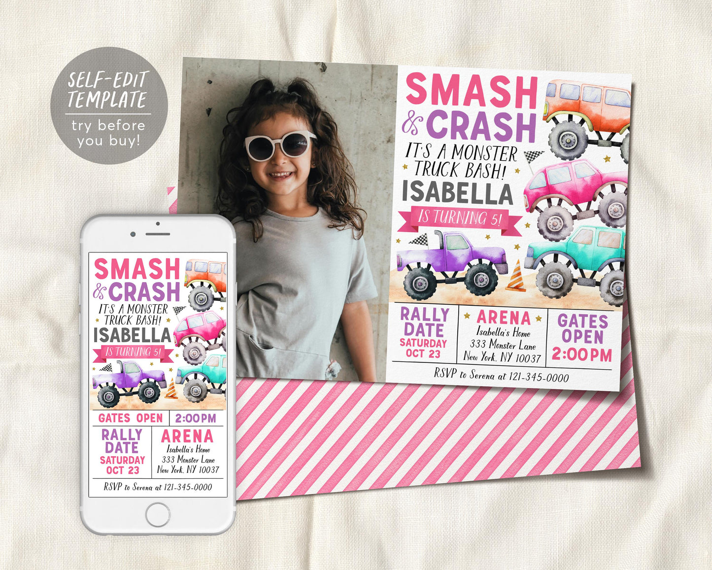 Monster Truck Birthday Invitation With Photo Editable Template