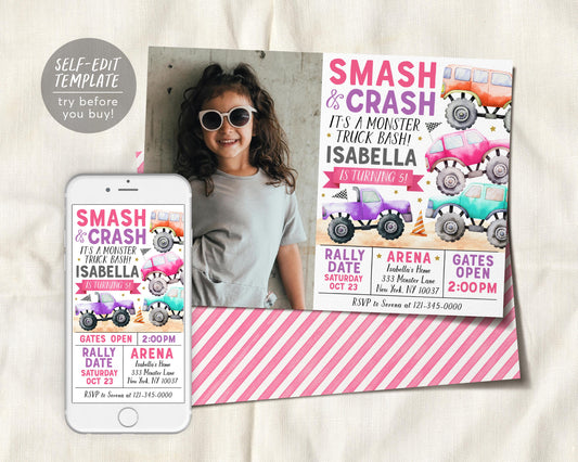 Monster Truck Birthday Invitation With Photo Editable Template