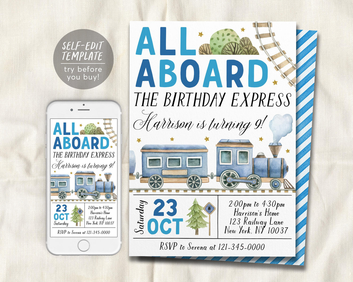 Train Birthday Invitation Editable Template
