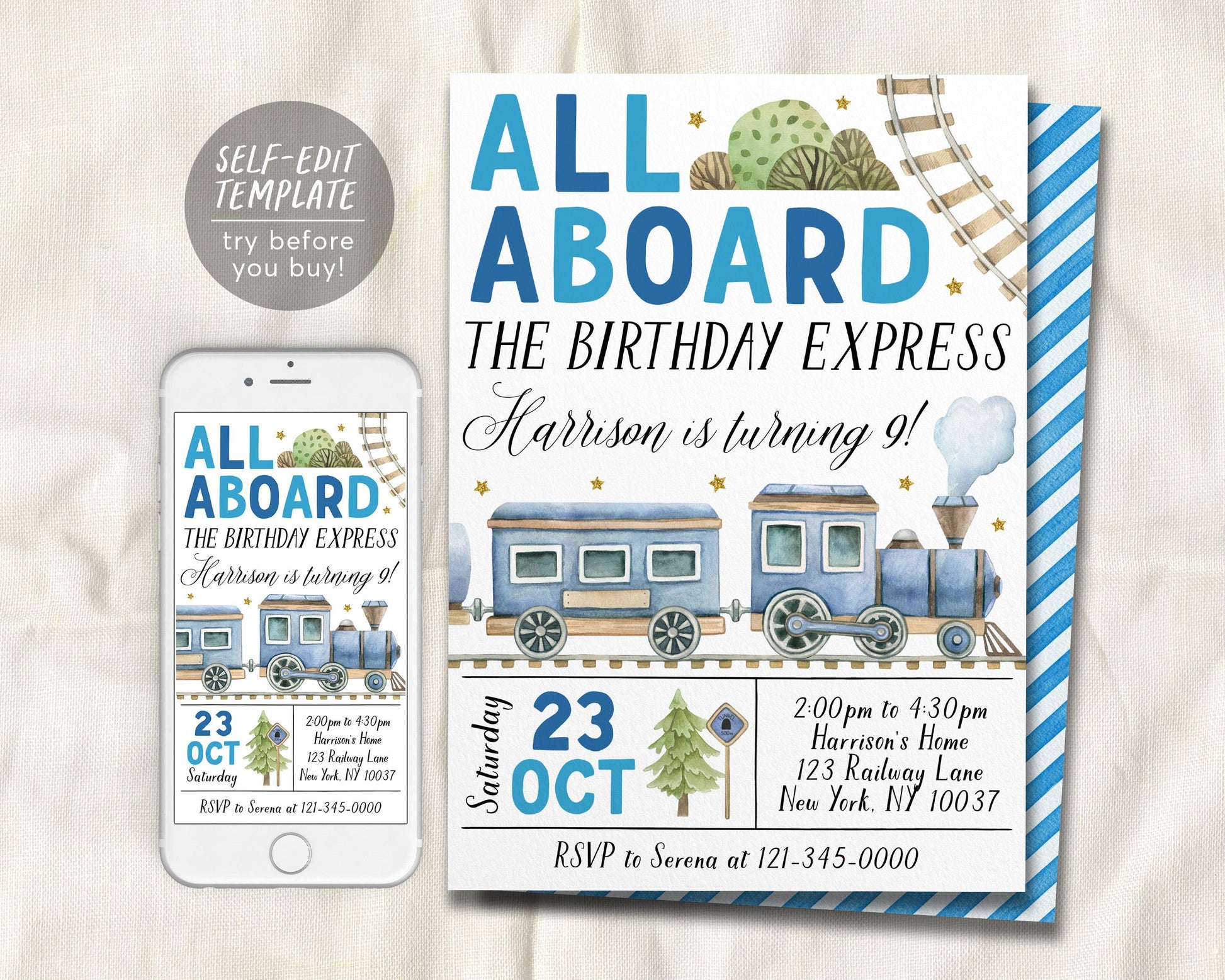 Train Birthday Invitation Editable Template
