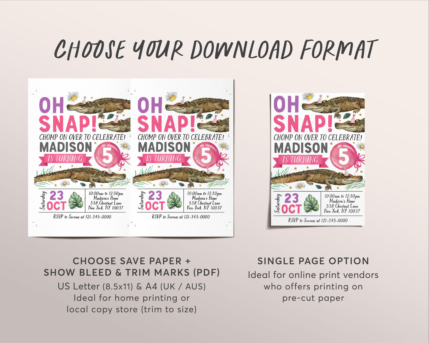 Crocodile Birthday Invitation Editable Template, Girl Oh Snap Crocodile Theme Party Invite, Floral Daisy Alligator Nature Chomp Chomp Evite
