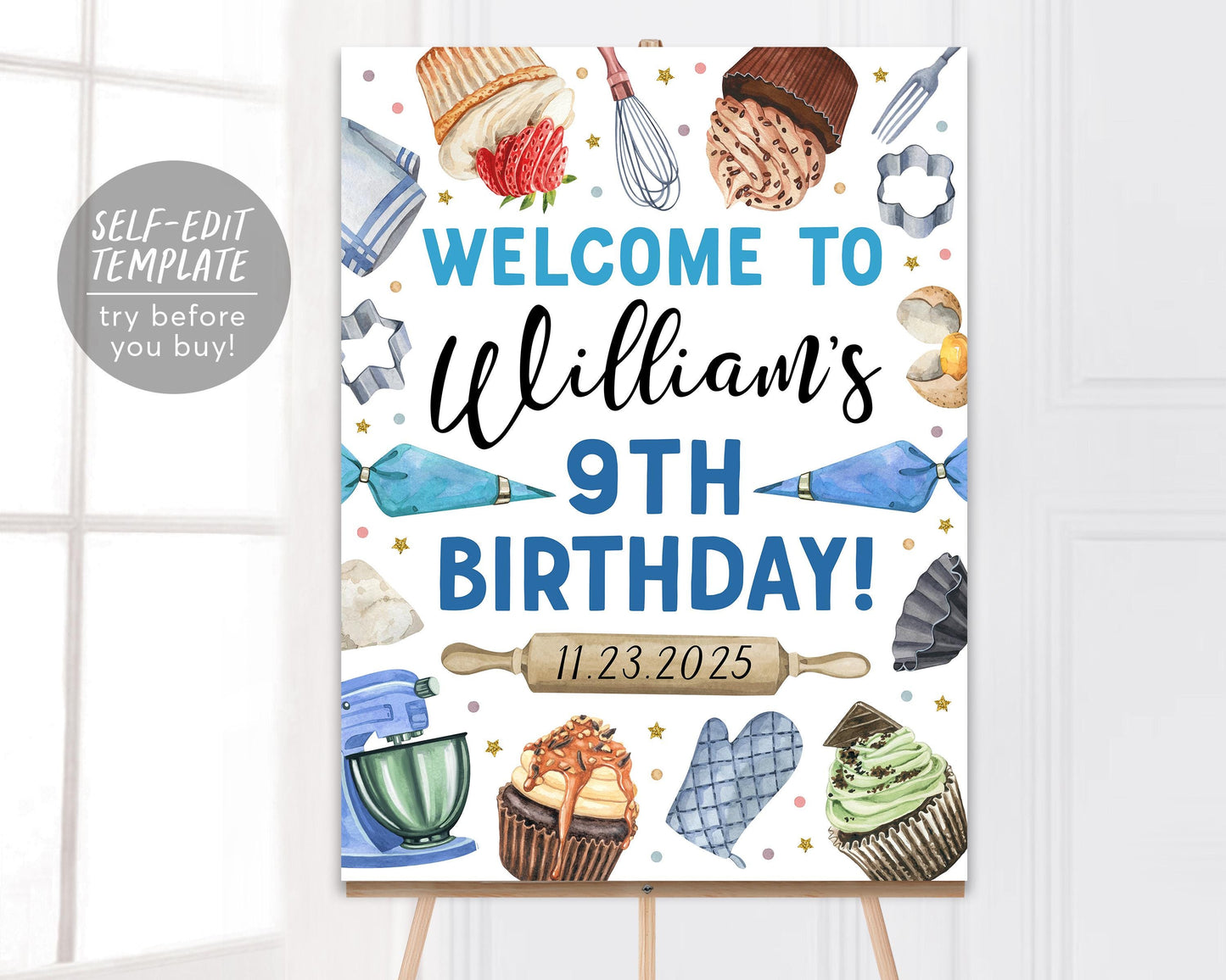 Baking Birthday Party Welcome Sign Editable Template