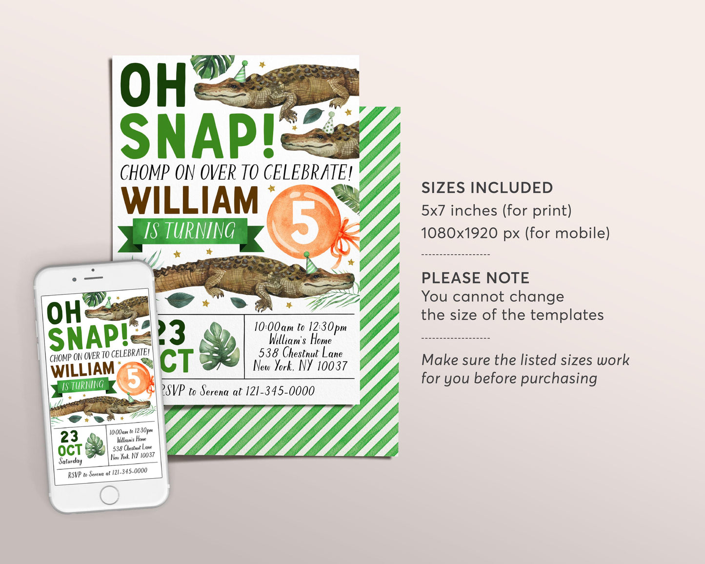 Crocodile Birthday Invitation Editable Template, Boy Oh Snap Crocodile Theme Party Invite, Kid Alligator Swamp Pond Nature Chomp Chomp Evite