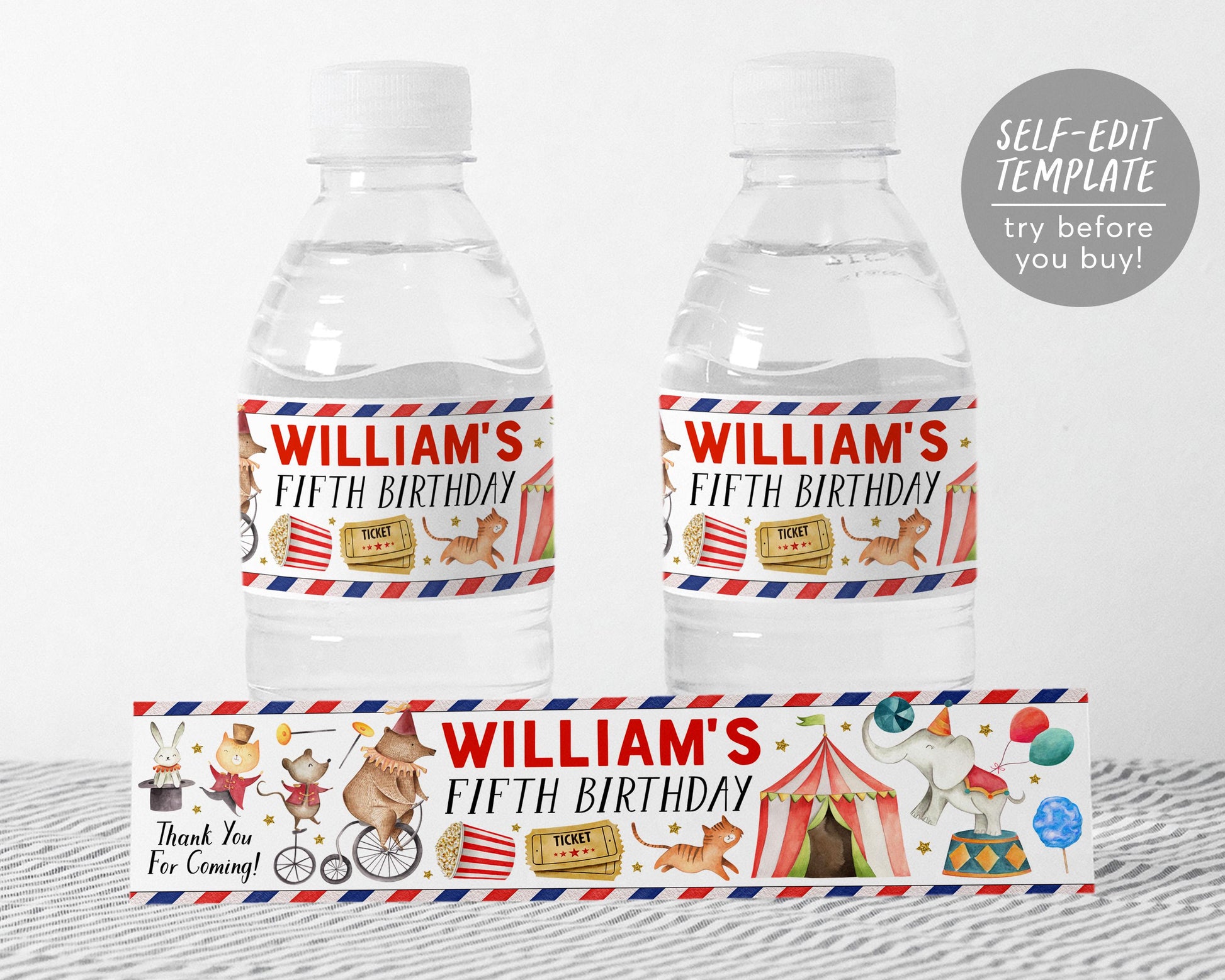 Carnival Water Bottle Labels Editable Template