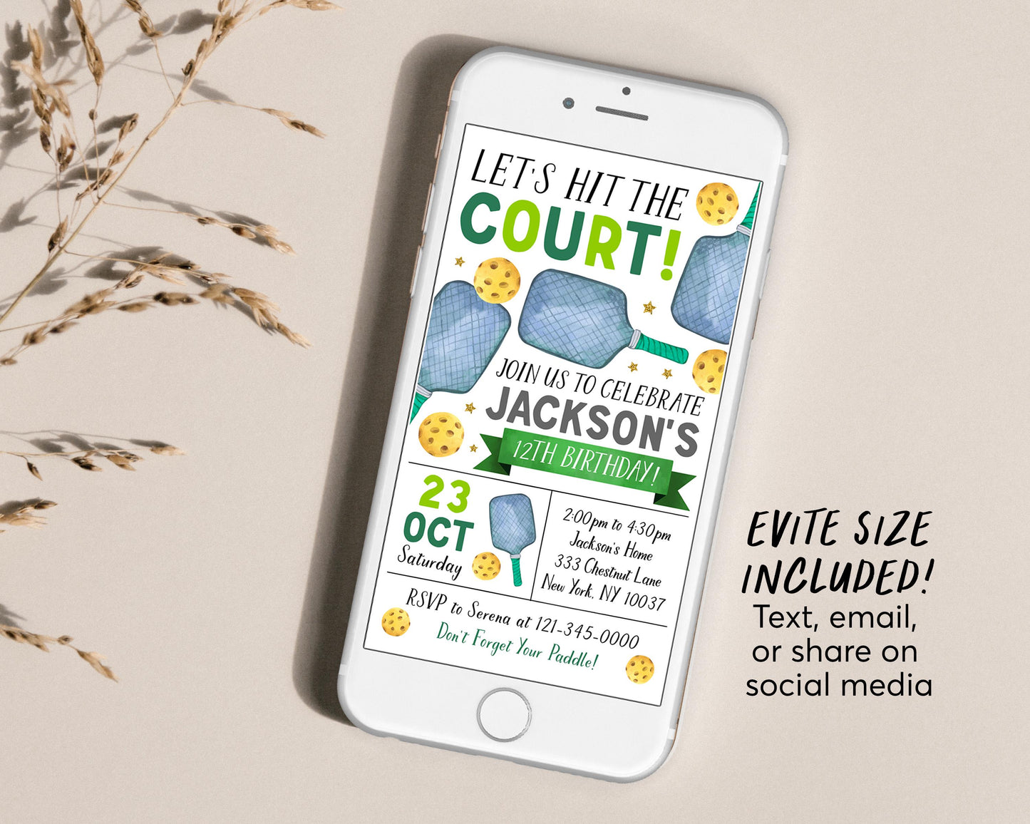 Pickleball Birthday Invitation With Photo Editable Template, Lets Hit the Court Theme Party Invite, Kids Sports Pickleball Theme Evite