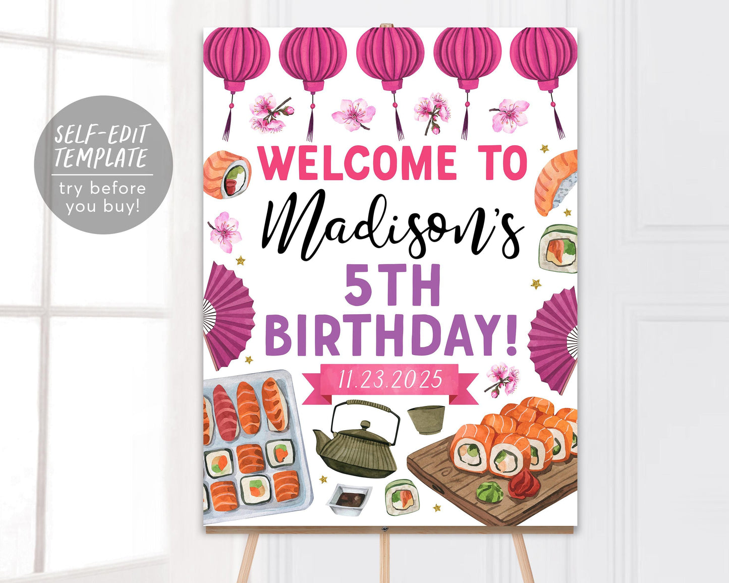 Sushi Birthday Welcome Sign Editable Template