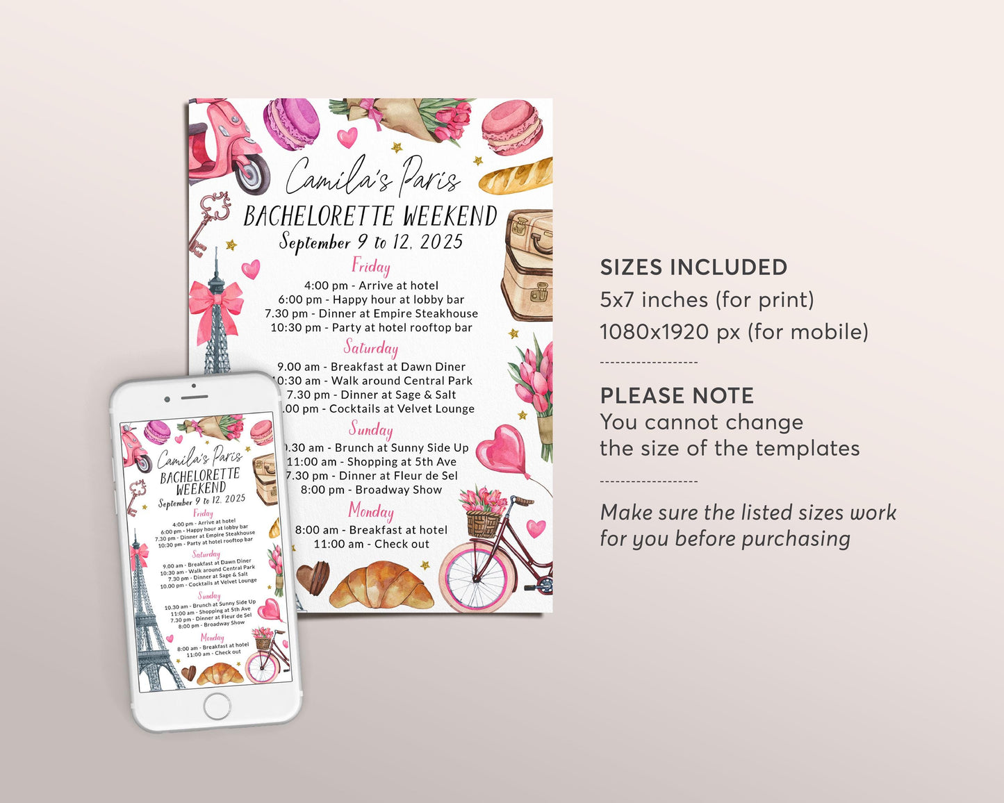 Paris Bachelorette Itinerary Editable Template, France Travel Planner, Paris Girls Night Out Weekend Schedule, Hen Party Agenda Eiffel Tower