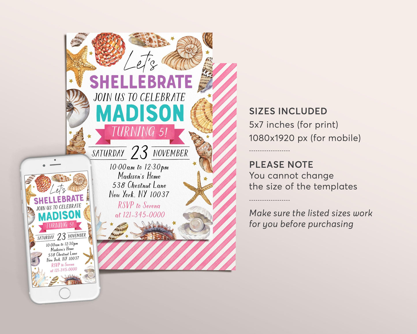 Seashell Birthday Invitation Editable Template, Girl Let's Shellebrate Sea Shell Theme Invite, Under The Sea Coastal Beach Starfish Evite