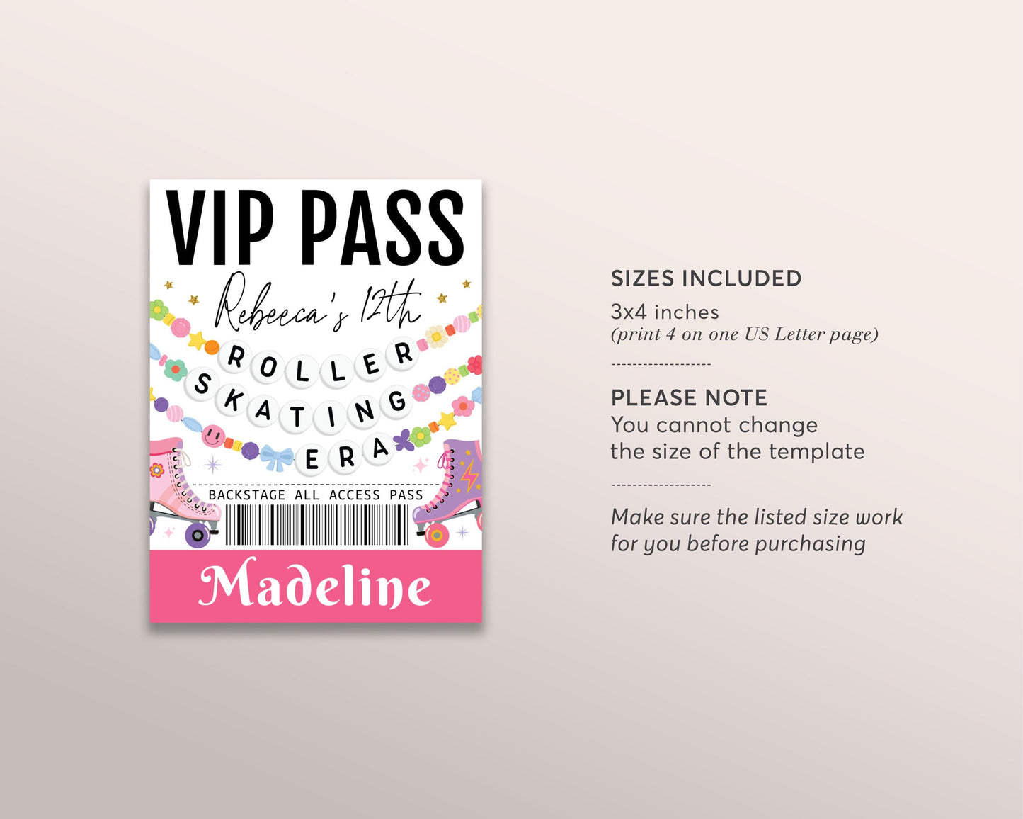 Roller Skating Era VIP Pass Editable Template, Skating Rink Friendship Bracelet Party VIP Badge, Eras Retro Skater VIP Insert for Lanyard
