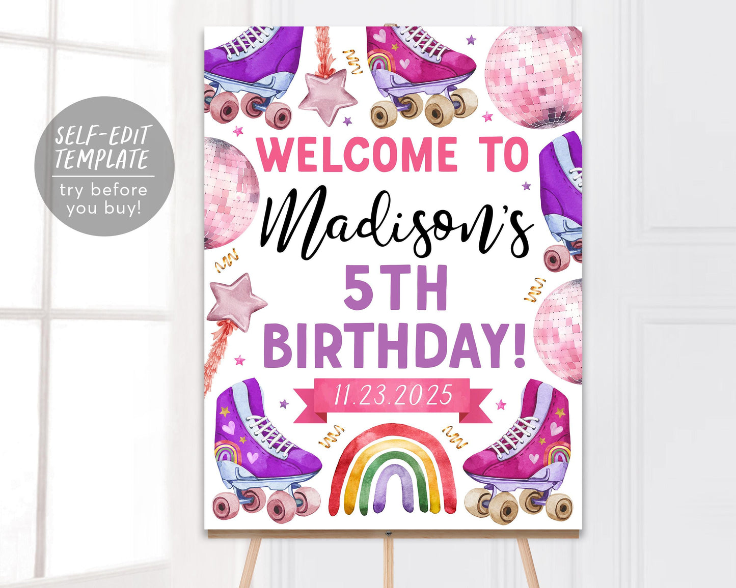 Roller Skating Birthday Welcome Sign Editable Template