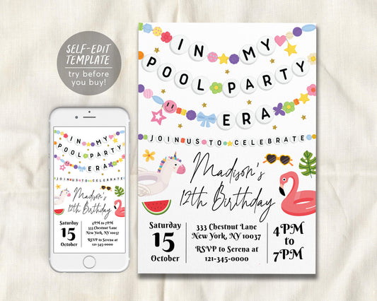 In My Pool Party Era Invitation Editable Template