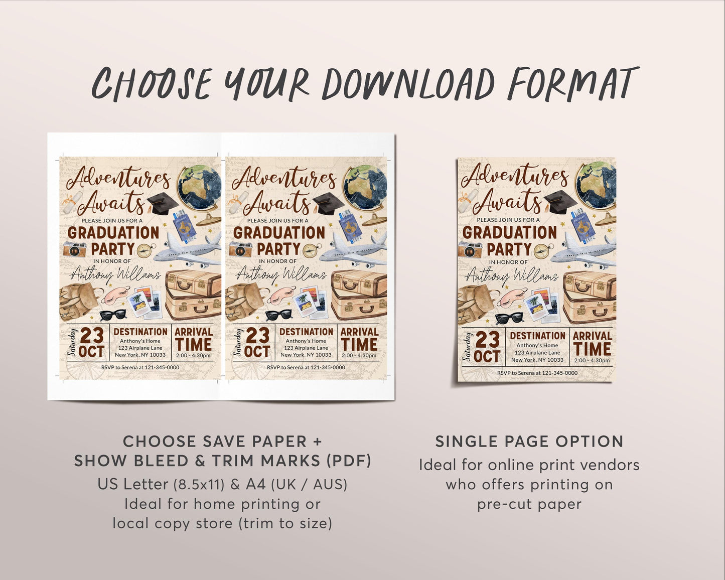 Farewell Graduation Invitation Editable Template, Travel Grad Announcement Party Invite, Around the World College High School Bon Voyage Map