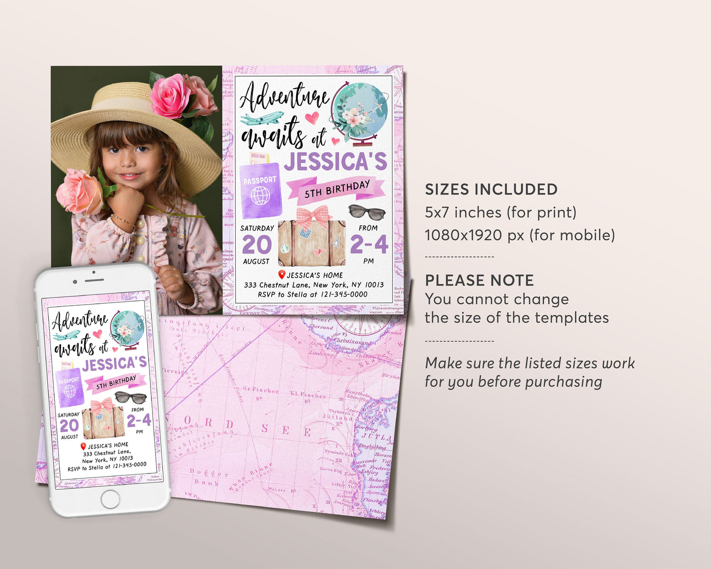 Adventure Awaits Travel Birthday Party Invitation With Photo Editable Template, Around the World Vintage Map Passport Invite Printable Evite