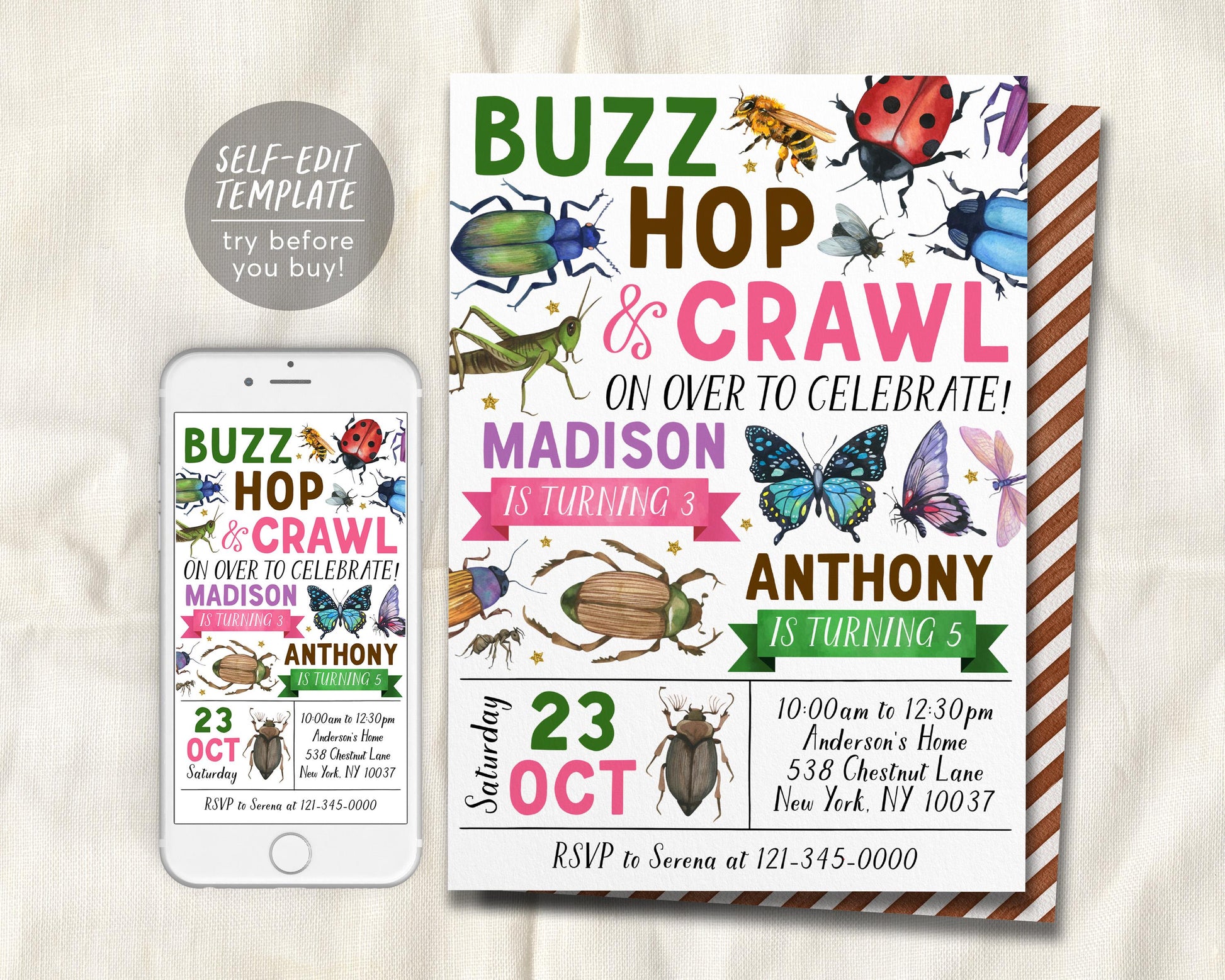 Insect Bugs Joint Siblings Birthday Invitation Editable Template