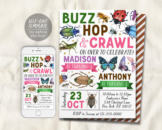 Insect Bugs Joint Siblings Birthday Invitation Editable Template