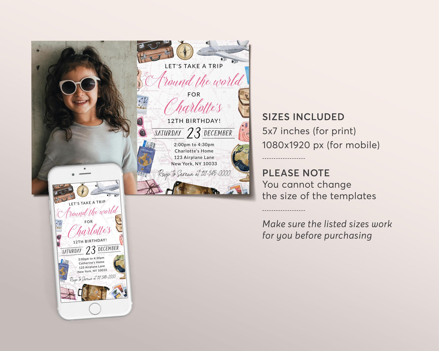 Around The World Birthday Invitation With Photo Editable Template, World Travel Party Invite, Adventure Awaits Vintage Map Airplane Evite