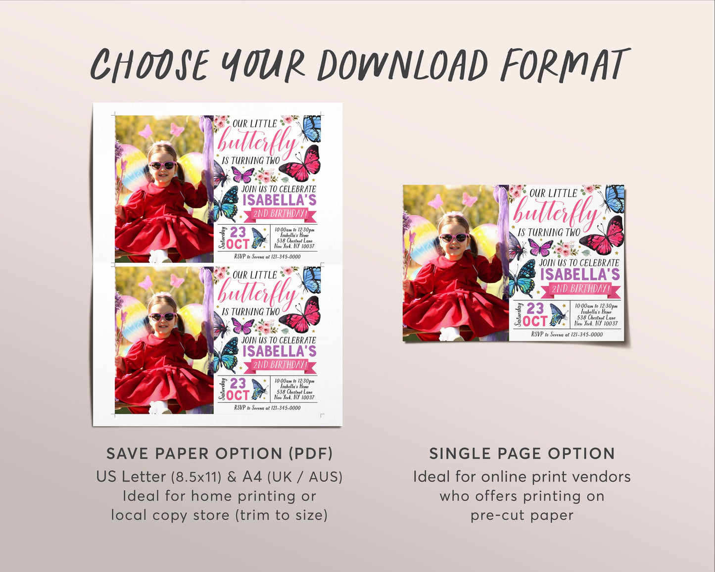 Little Butterfly Birthday Invitation With Photo Editable Template, Girl Floral Butterflies Party Invite, Kids Butterfly Garden Nature Evite