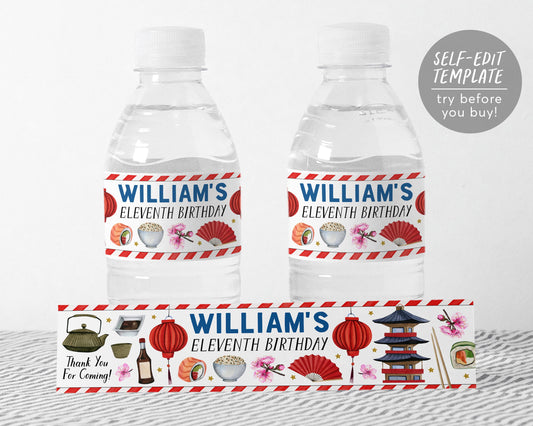 Hibachi Water Bottle Labels Editable Template