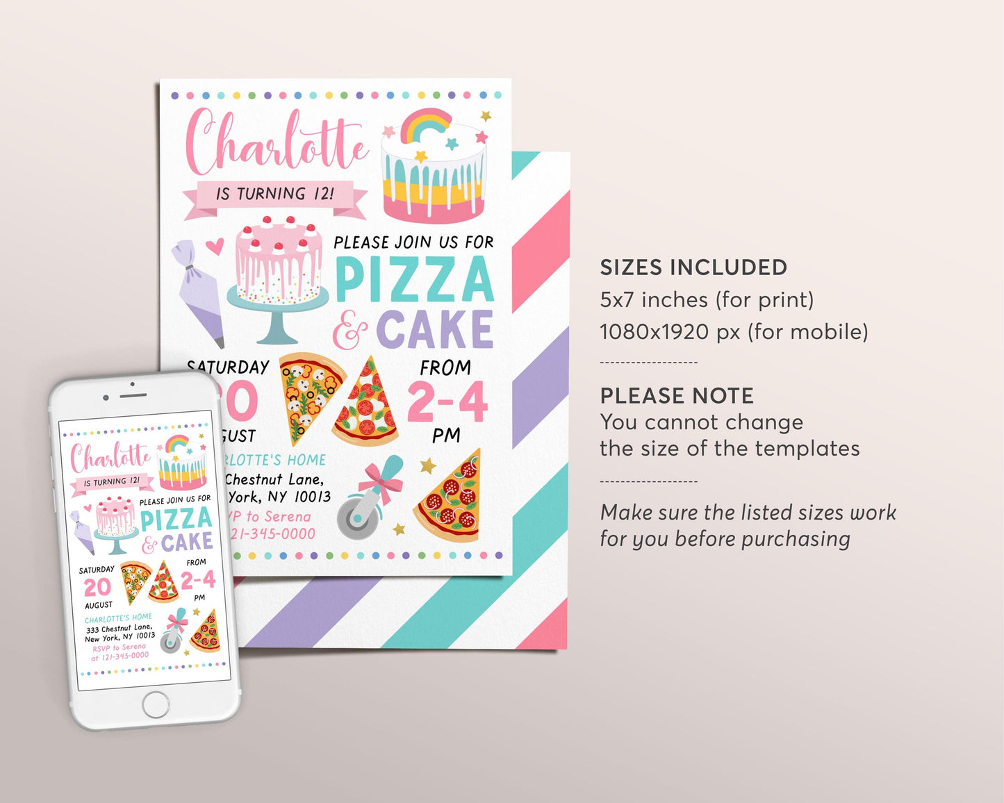 Pizza and Cake Birthday Party Invitation Editable Template, Kids Cake Decorating Chef Baking Cupcake Pizzeria Party Invite, Sweets Evite