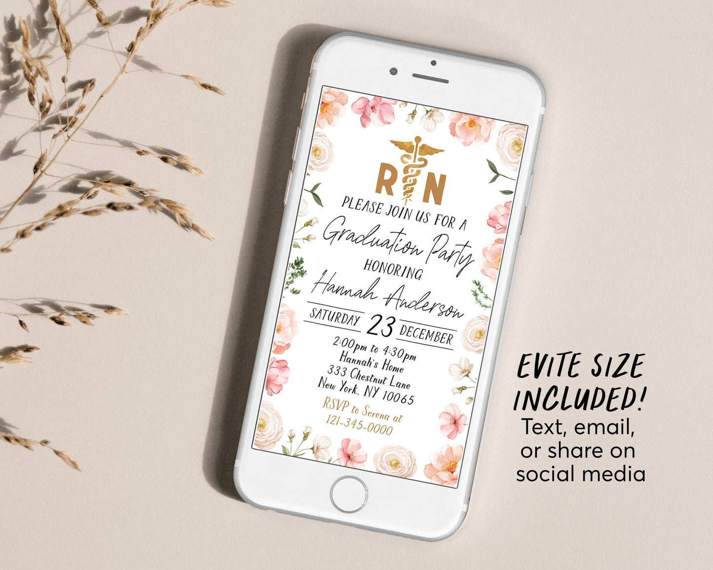 Nursing School Graduation Invitation Editable Template, Floral Nurse RN Grad Announcement Party Invite, Registered Nurse Pinning Ceremony
