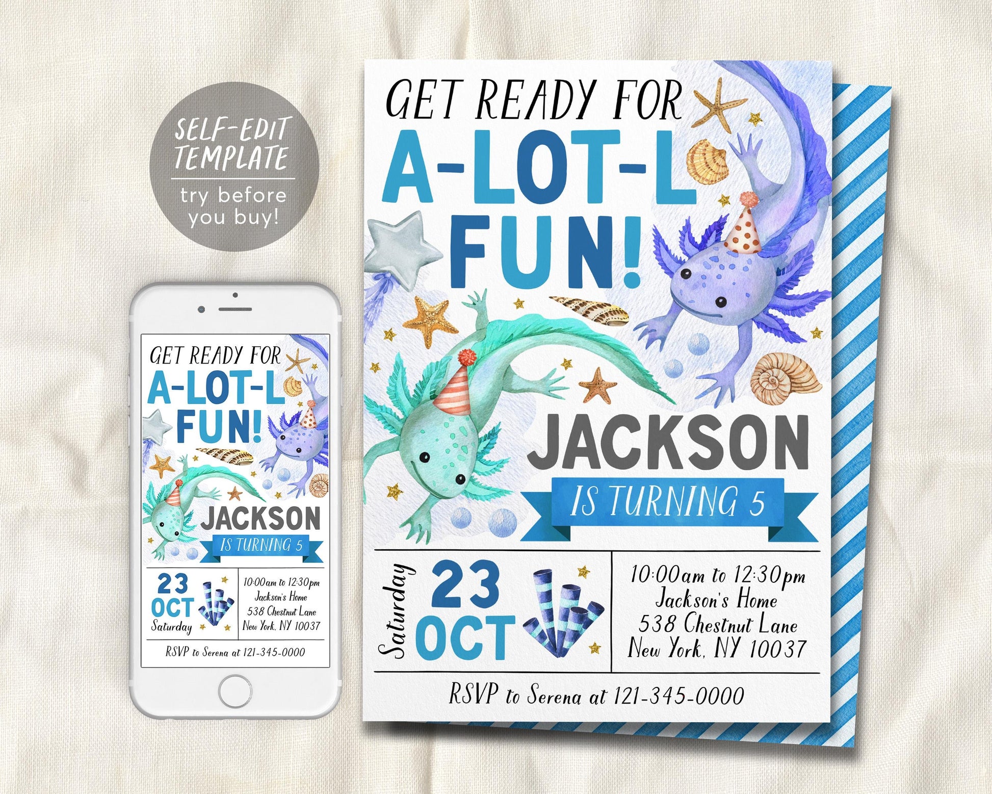 Axolotl Birthday Invitation Editable Template