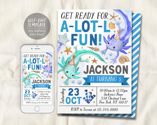 Axolotl Birthday Invitation Editable Template