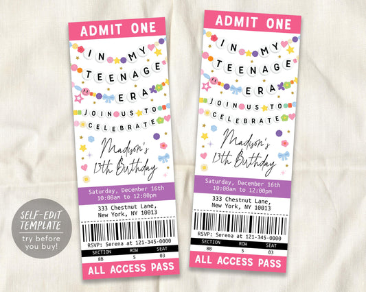 In My Teenage Era Ticket Invitation Editable Template