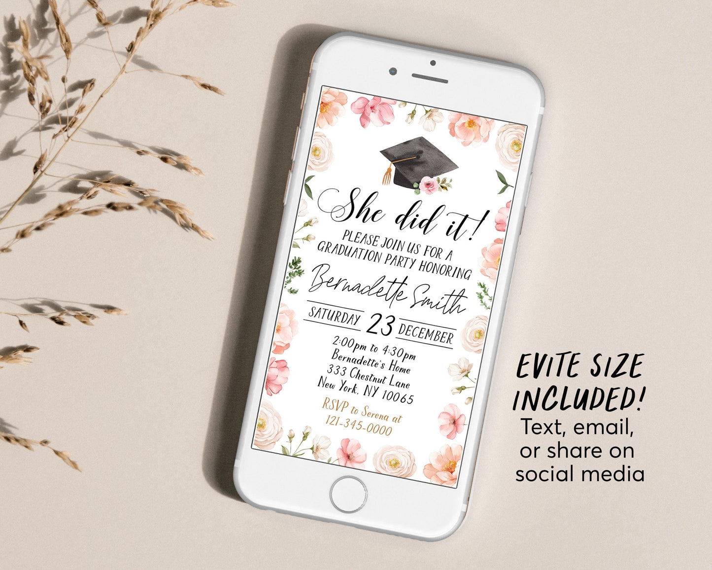 Graduation Floral Invitation Editable Template, She Did It Graduation Announcement Party Invite for Her, Grad College High School Evite