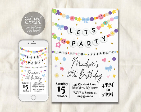 Friendship Bracelet Birthday Invitation Editable Template