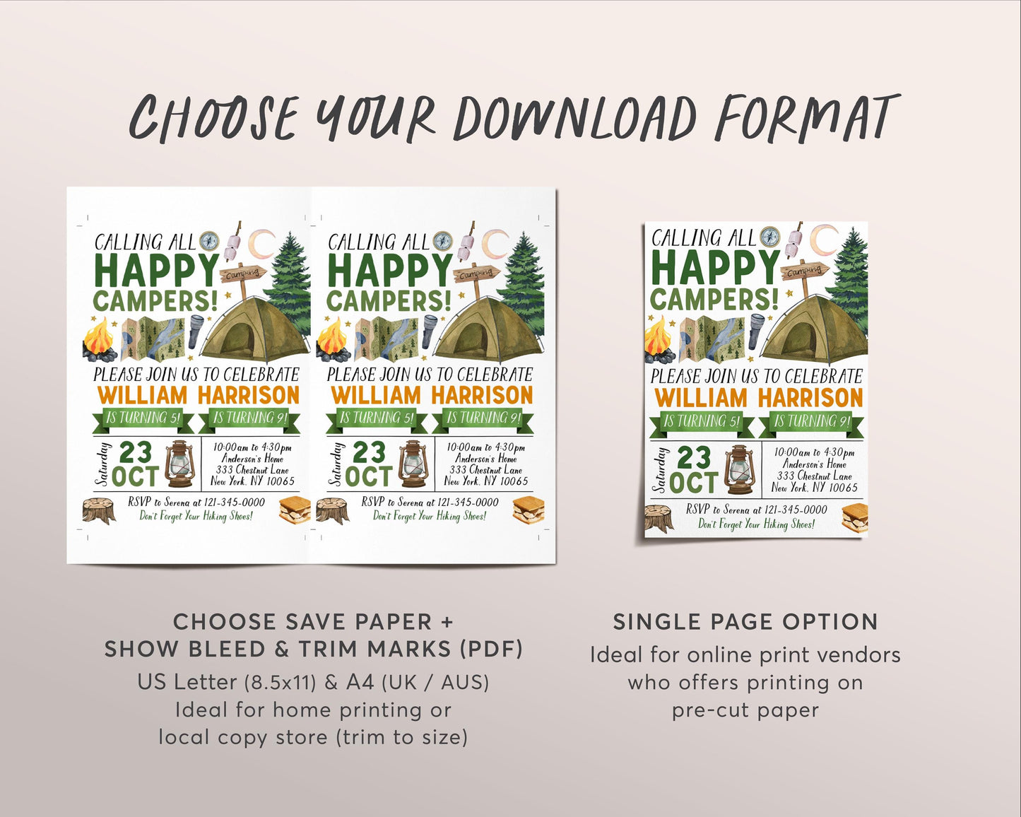 Camping Joint Siblings Birthday Invitation Editable Template, Twin Boys Outdoor Camp Out Party Invite, Camp Checklist Tent Sleepover Evite