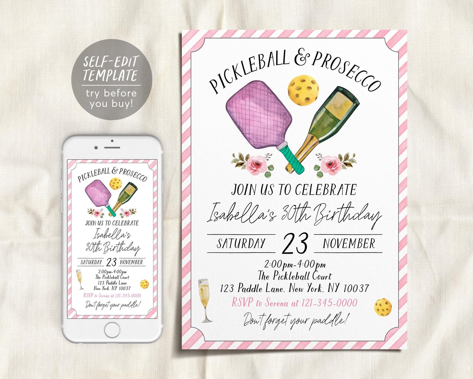 Pickleball and Prosecco Birthday Invitation Editable Template