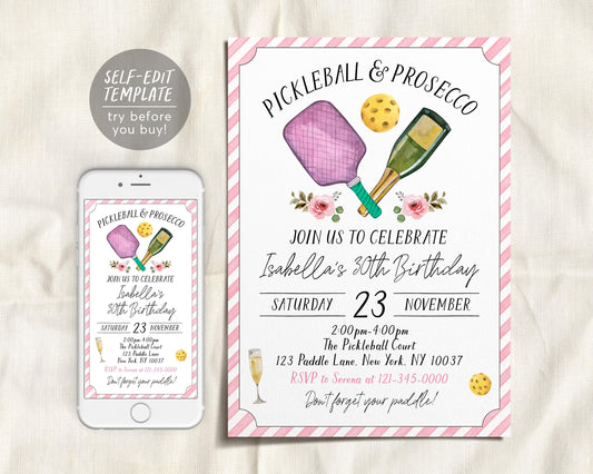 Pickleball and Prosecco Birthday Invitation Editable Template
