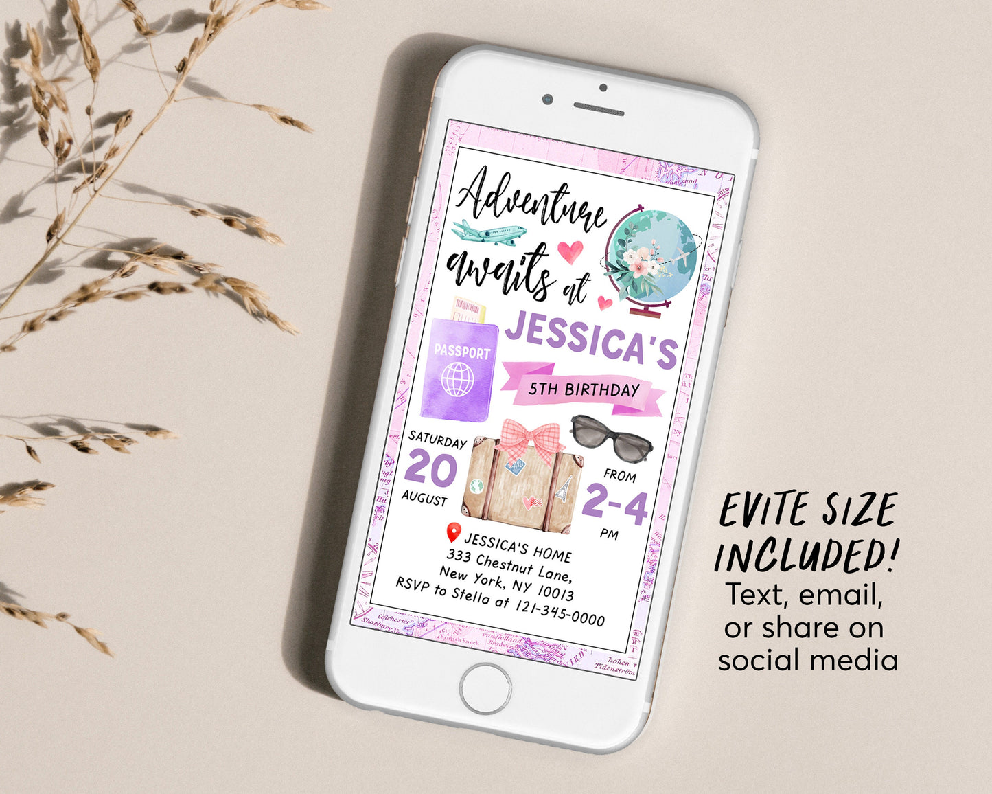Adventure Awaits Travel Birthday Party Invitation With Photo Editable Template, Around the World Vintage Map Passport Invite Printable Evite