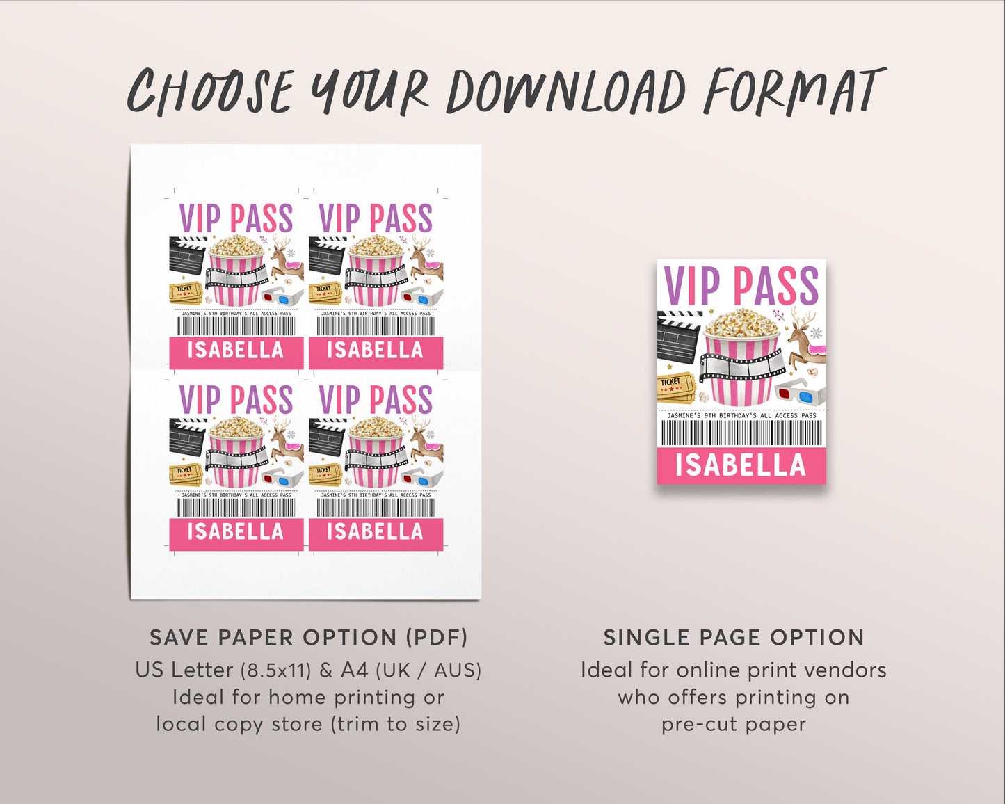Christmas Movie Night VIP Pass Editable Template, Girl Birthday Popcorn Movie Party All Access Pass, Holiday Name Insert ID Badge Lanyard