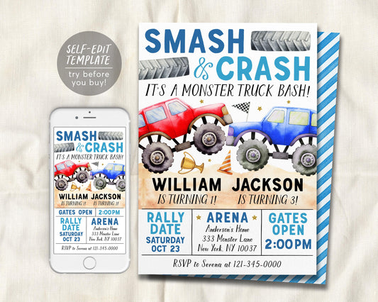 Monster Truck Joint Siblings Birthday Invitation Editable Template
