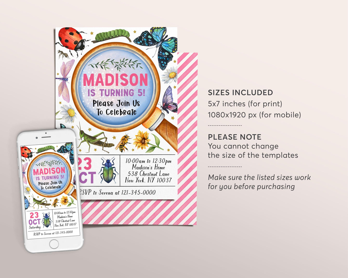 Insect Bugs Birthday Invitation Editable Template, Girl Spring Bug Party Invite, Kids Bugging Out Butterfly Ladybug Hunt Garden Party Evite