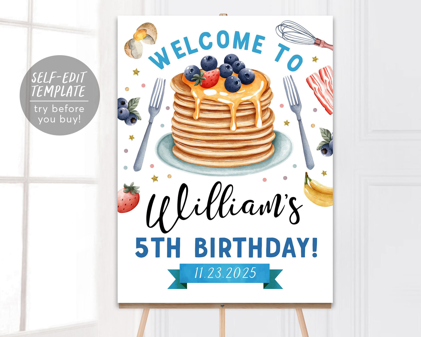 Pancakes and Pajamas Birthday Welcome Sign Editable Template