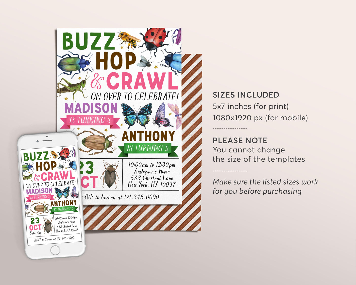 Insect Bugs Joint Siblings Birthday Invitation Editable Template, Twins Girl Boy Buzz Hop Crawl Party Invite, Kids Bug Hunt Garden Evite