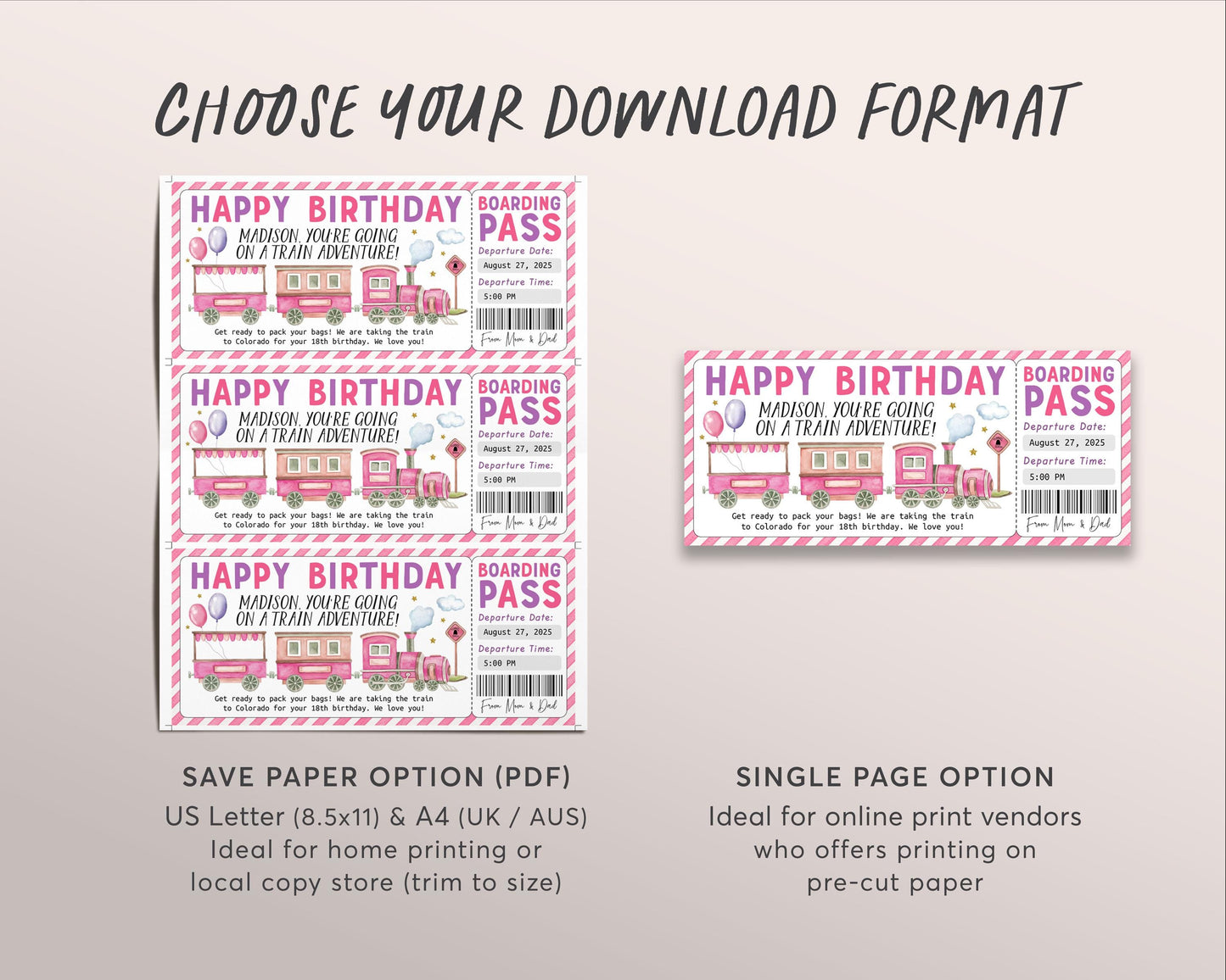 Train Ticket Boarding Pass Editable Template, Girl Birthday Surprise Weekend Getaway Vacation Travel Gift Certificate, Train Lover Travel