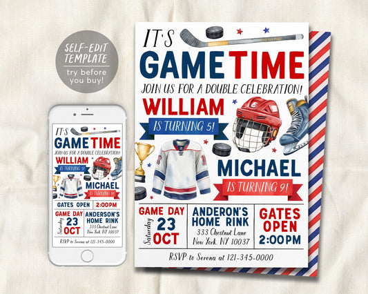 Ice Hockey Joint Siblings Birthday Invitation Editable Template