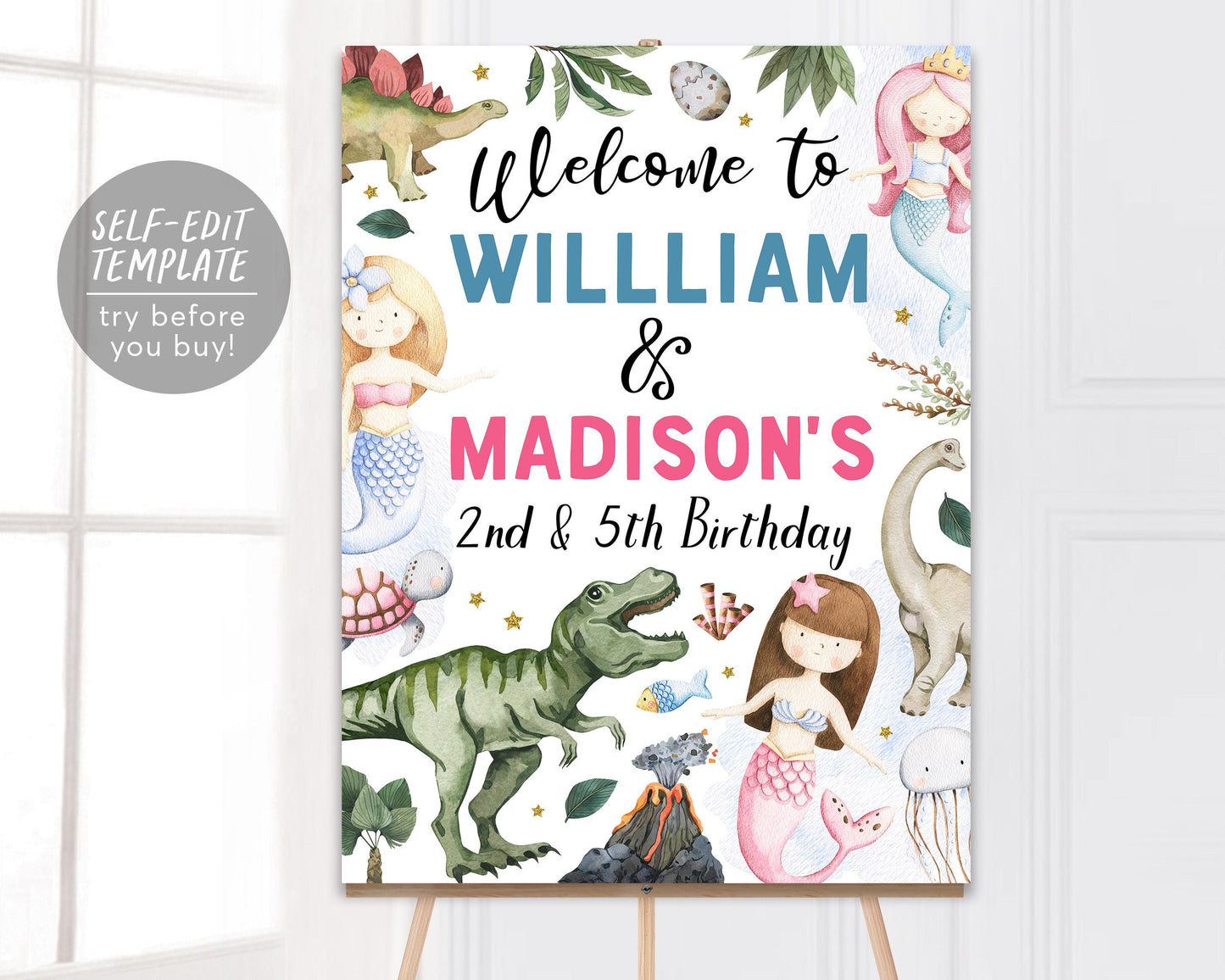 Dinosaur and Mermaid Siblings Joint Double Birthday Welcome Sign Editable Template