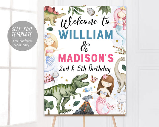 Dinosaur and Mermaid Siblings Joint Double Birthday Welcome Sign Editable Template