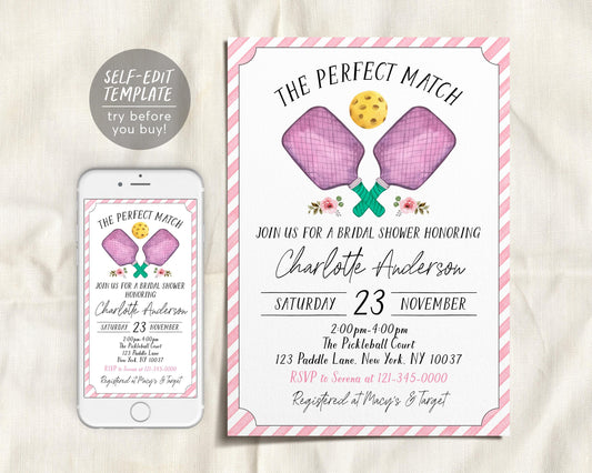 Pickleball Bridal Shower Invitation Editable Template