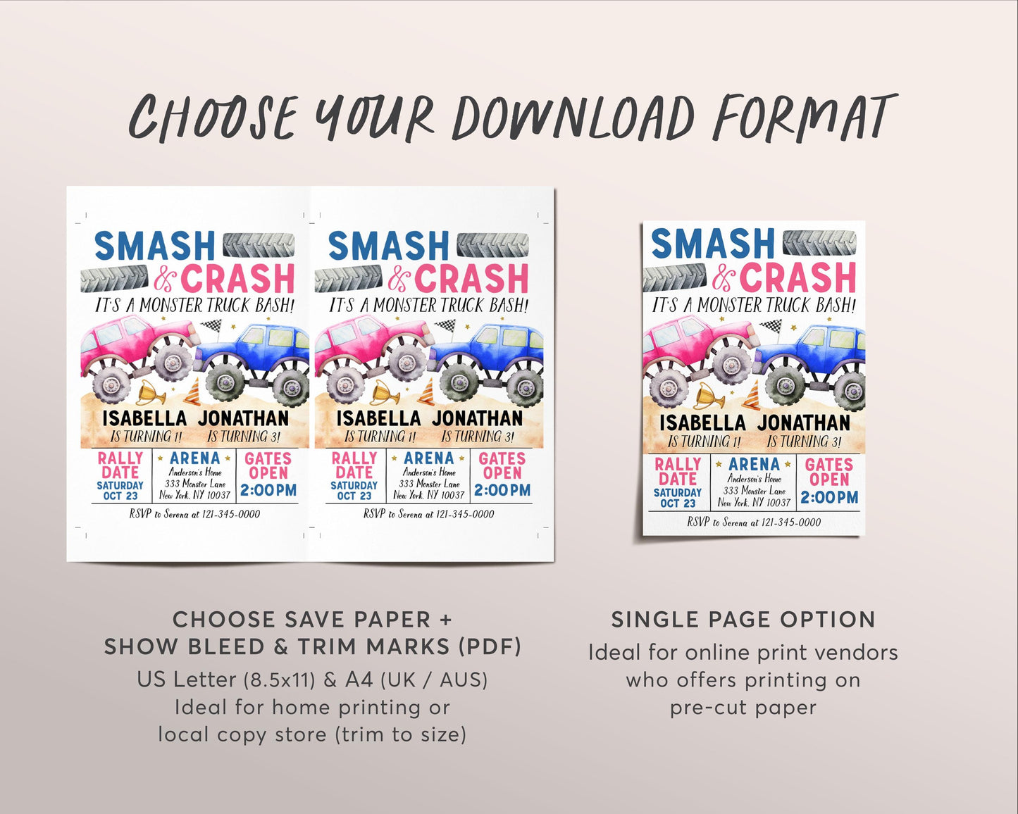 Monster Truck Joint Siblings Birthday Invitation Editable Template, Boy Girl Twins Smash And Crash Party Invite, Monster Truck Bash Evite