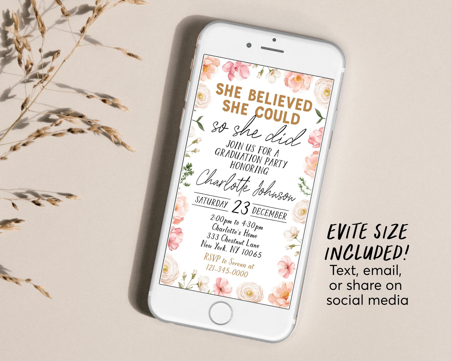 Graduation Floral Invitation With Photo Editable Template, Floral Grad Announcement Party Invite, She Believed She Could So She Did Evite