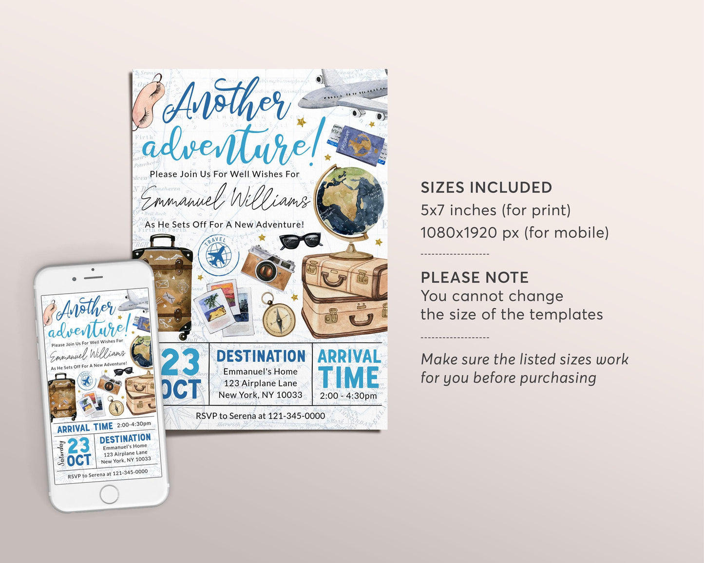 Going Away Farewell Moving Away Invitation Editable Template, Goodbye Party Invite, Adventure Travel Around the World Vintage Map Evite