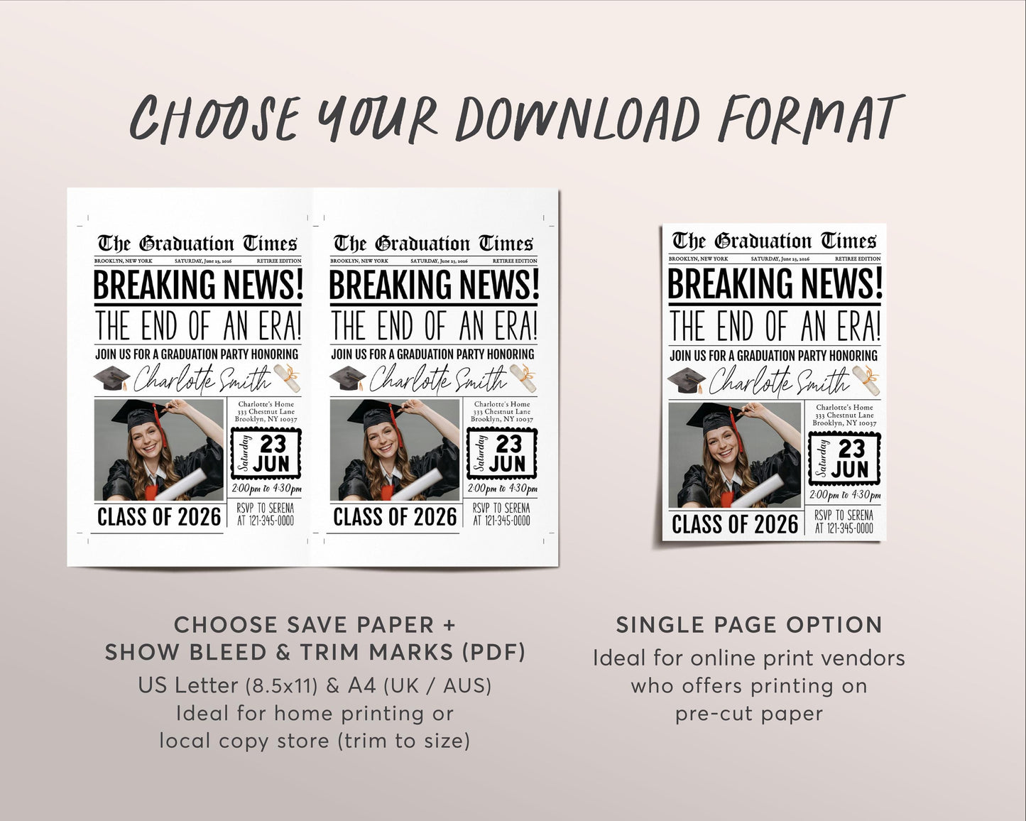 Graduation Newspaper Invitation Editable Template, Senior Graduation Announcement Party Invite for Him Her, Grad College High School Evite