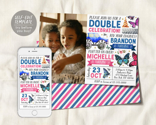 Monster Truck Butterfly Joint Siblings Birthday Invitation With Photo Editable Template