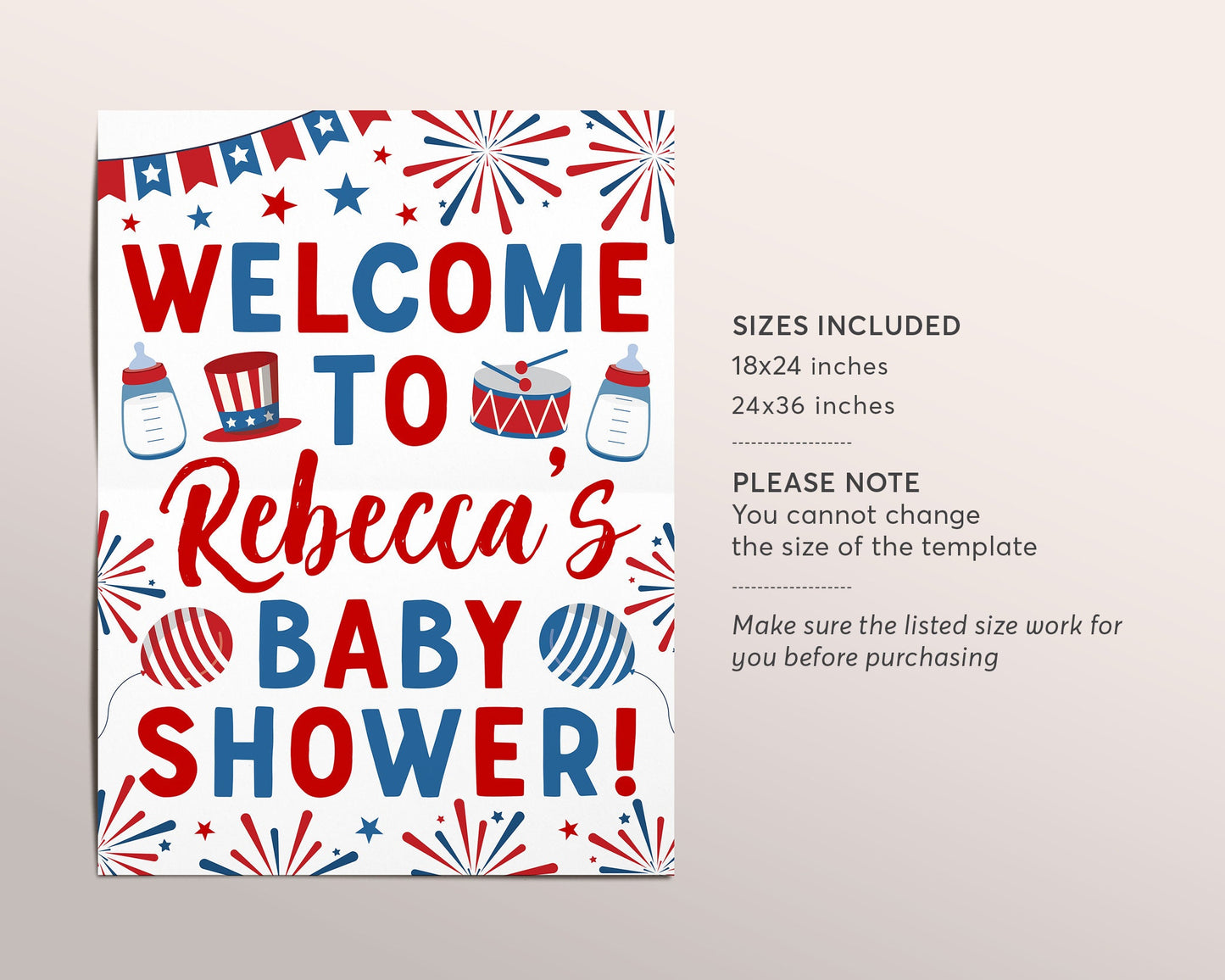 4th of July Baby Shower Party Welcome Sign Editable Template, Fourth of July Baby Sprinkle Decorations, Independence Day Patriotic Poster