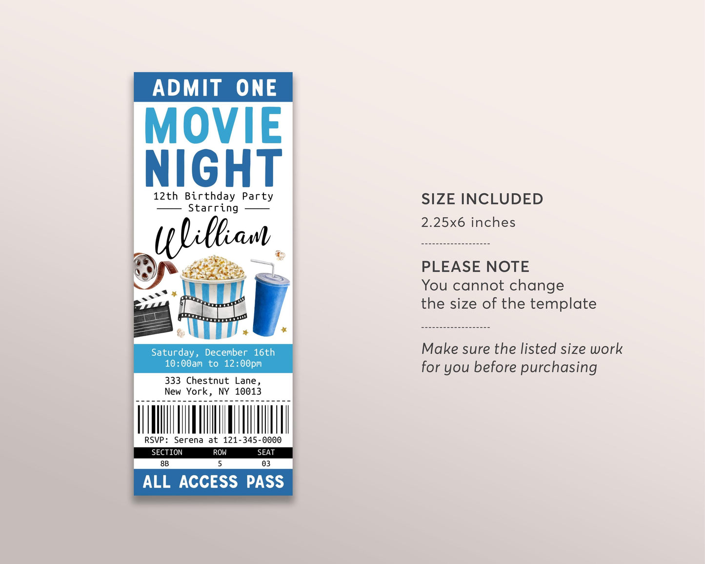 Movie Birthday Ticket Invitation Editable Template, Boy Cinema Movie Ticket Stub Party Evite, Kids Backyard Movie Night Popcorn And Movies